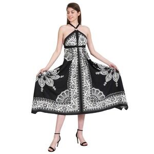 Black & White halter-neck scarf dress with an elaborate‎ hand blocked print